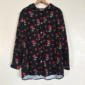 Mainstreet Velvety Black Floral Long Sleeve Button Down Skirt Women's XL